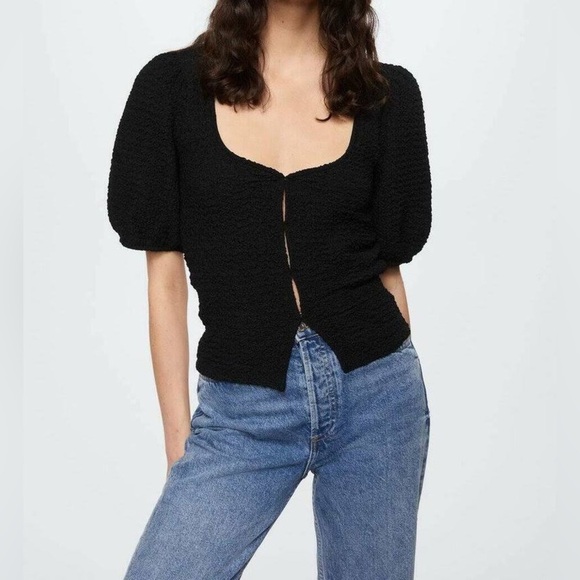 NWT MNG Mango Black Textured Puff Sleeve Top sz Xs - Picture 6 of 13